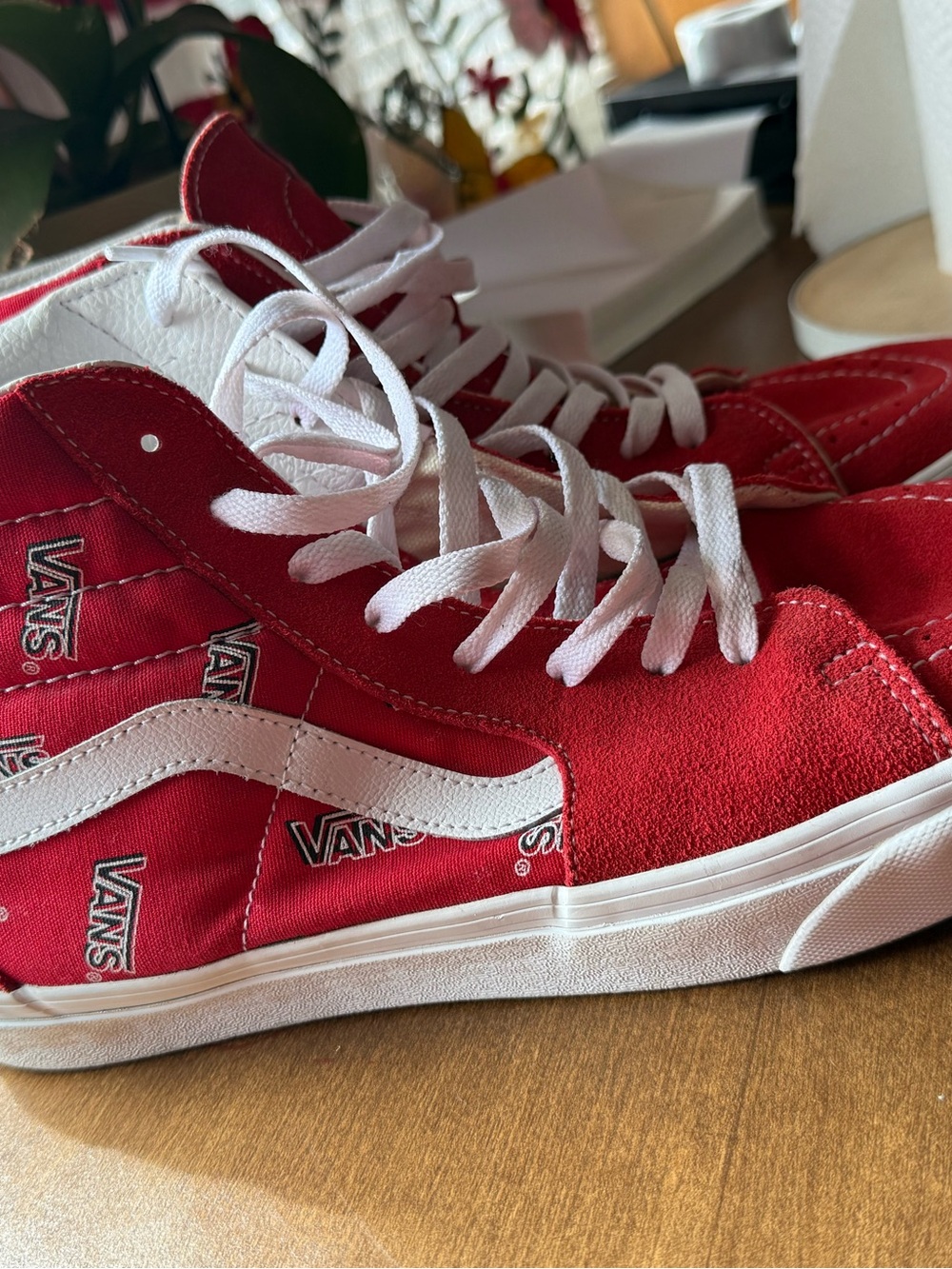 Vans Red High-Top Sneakers with White Stripe and Logo